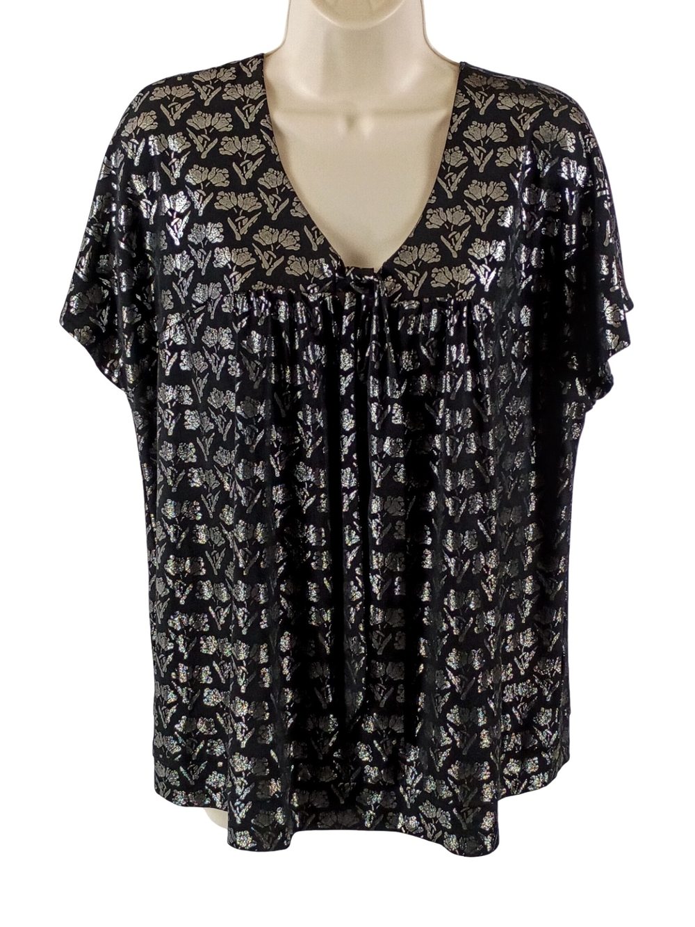 attention Black Metallic Floral V-Neck Blouse